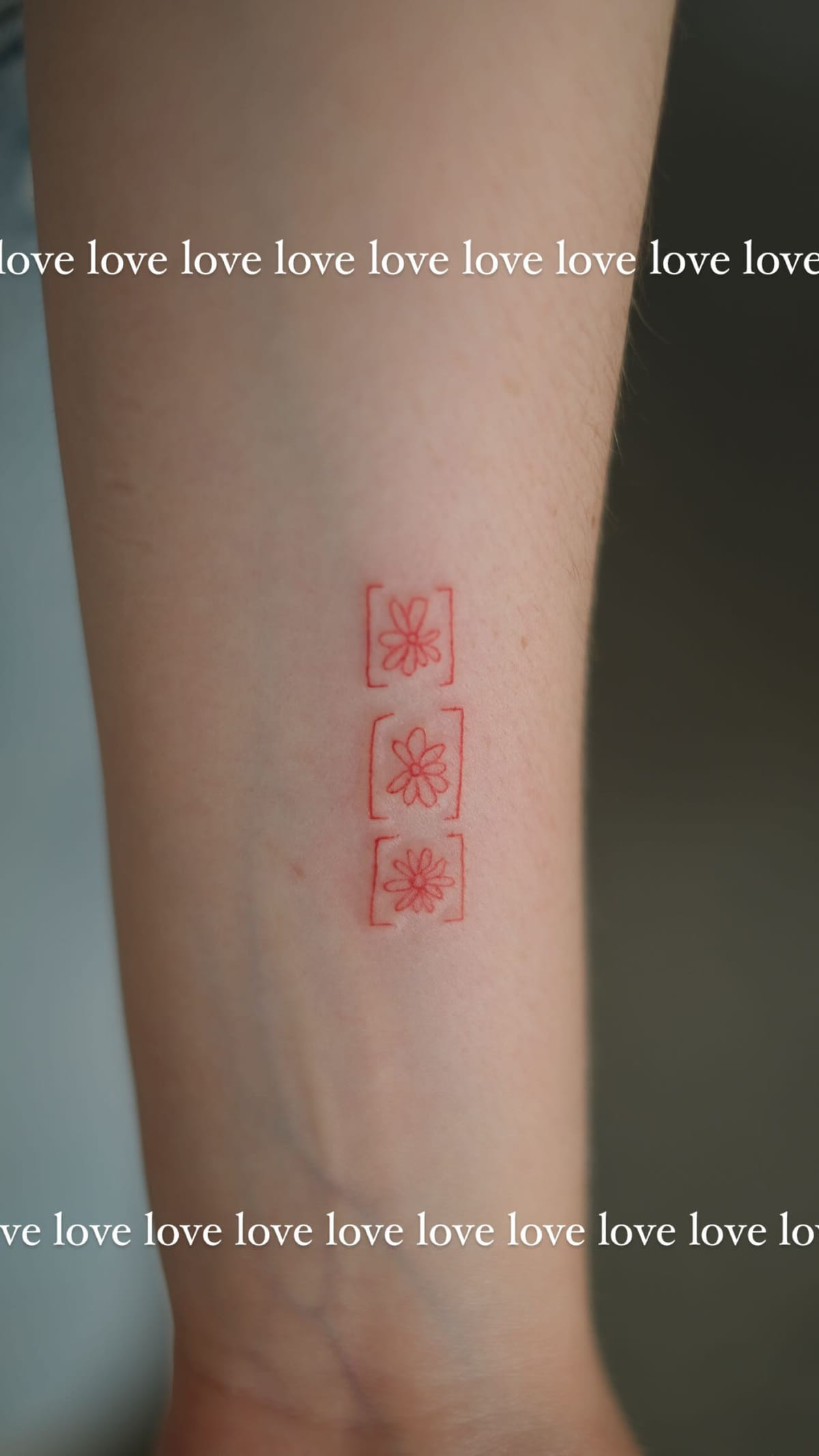 Three small red seal squares down a forearm, healed fine line tattoo, the day it was made