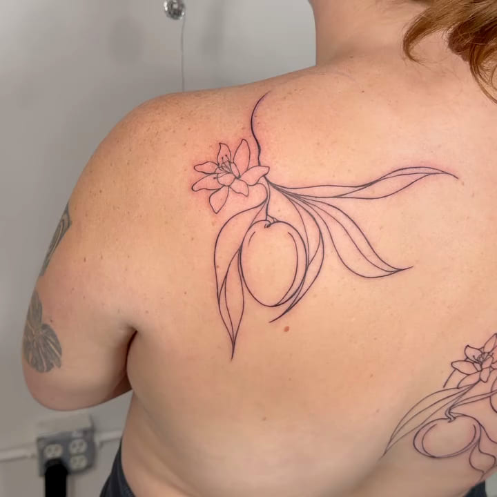 Back piece: citrus branches with blossoms in single line, fine line tattoo