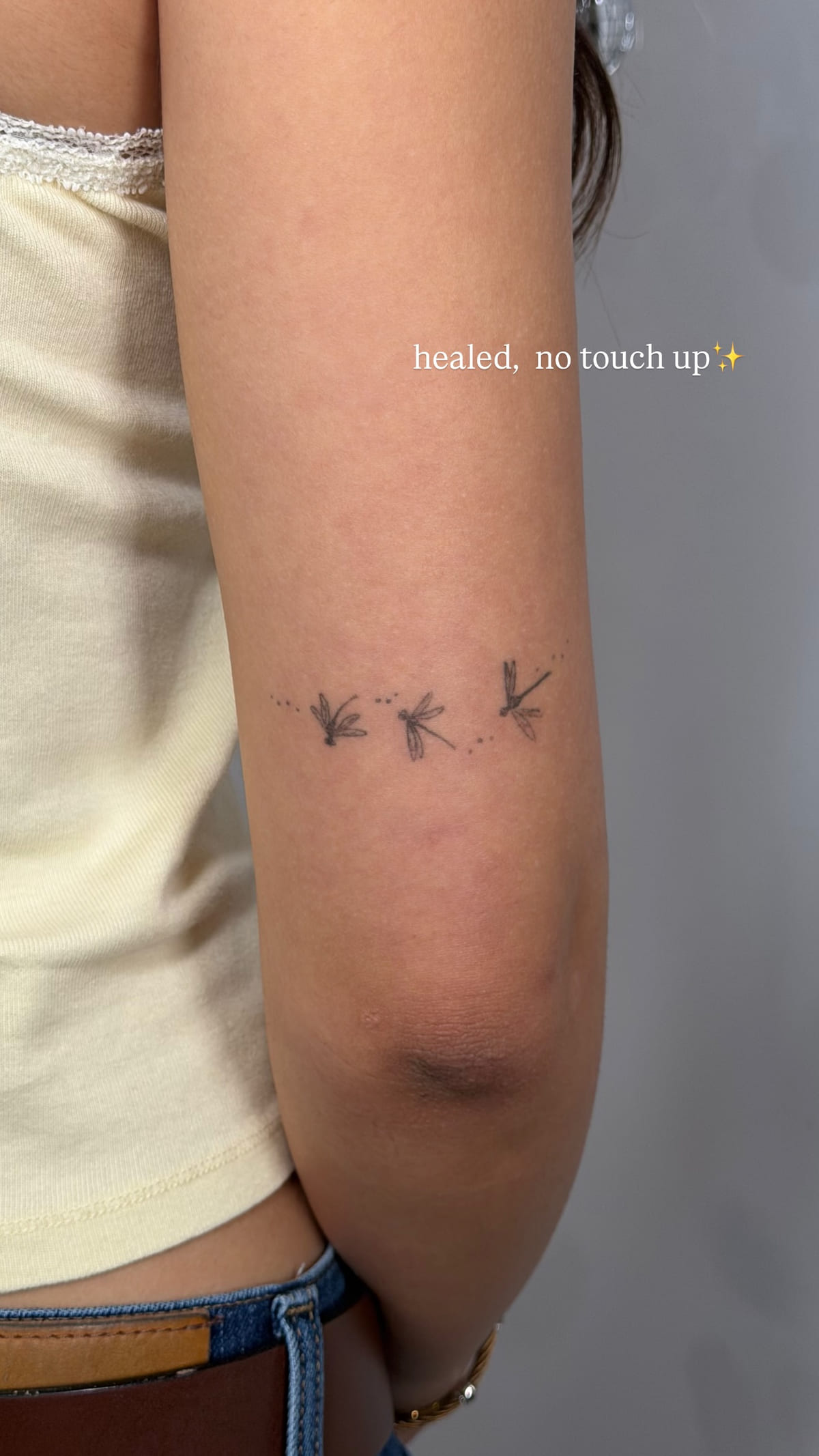 Three tiny birds in flight, healed fine line tattoo