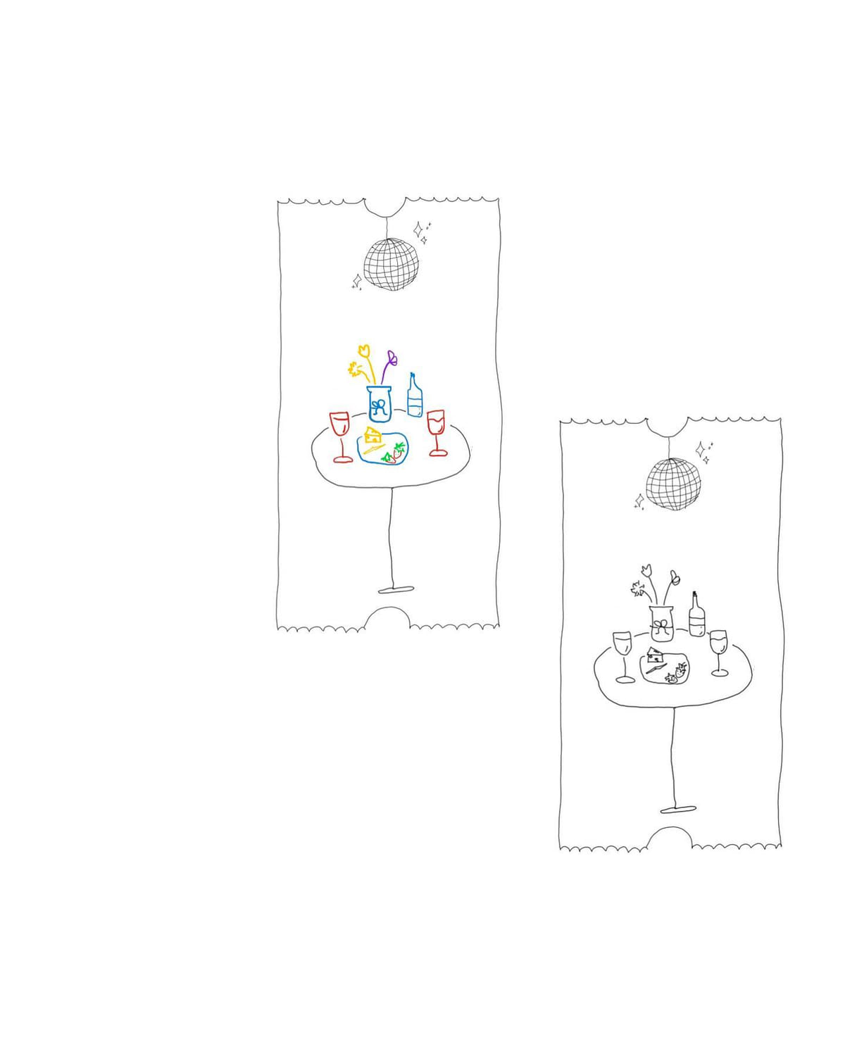 Tall ticket with a disco ball over a set table, in color and in line