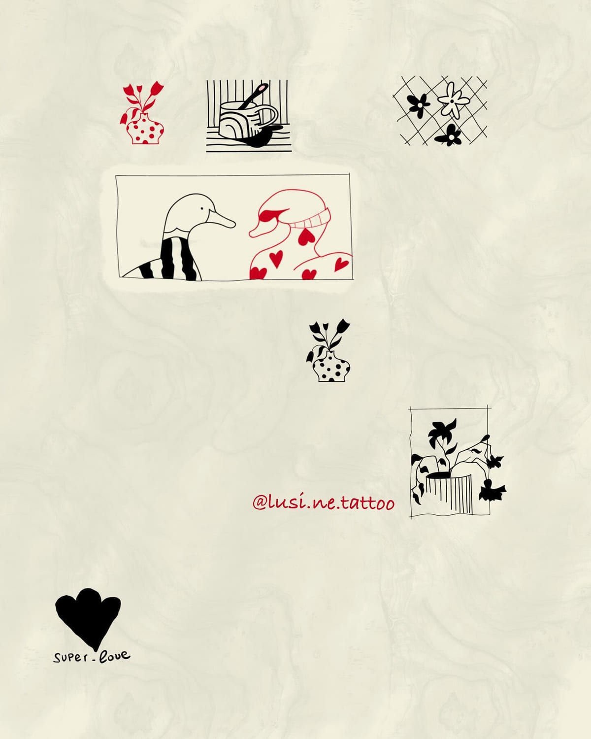 Small designs: tulips in a dotted vase, coffee cup, flower lattice, ducks in a frame, window with plants, a solid heart tulip with super love