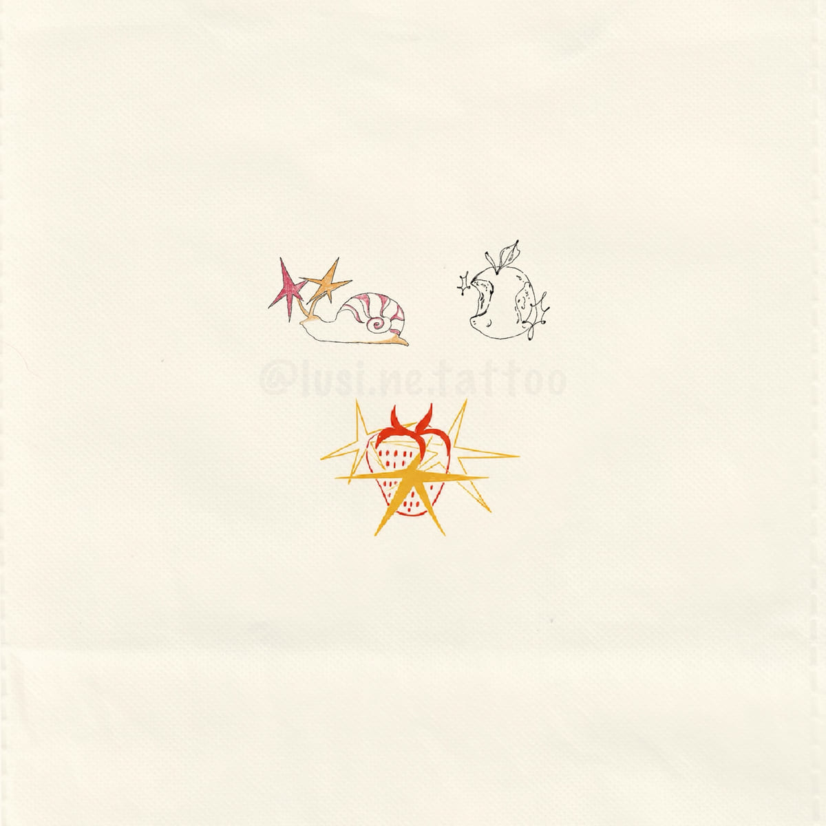 Three designs: snail with star shell, apple swirl, strawberry heart with gold rays