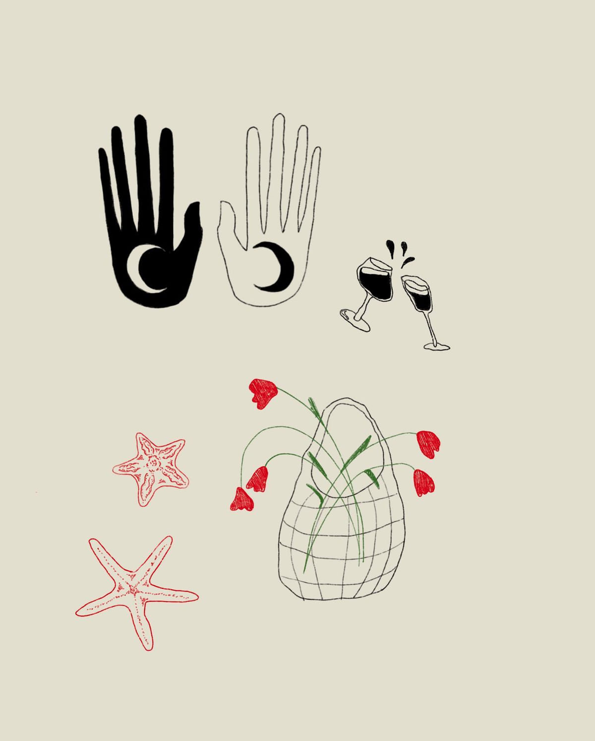 Hands with moons, clinking glasses, basket of tulips, starfish