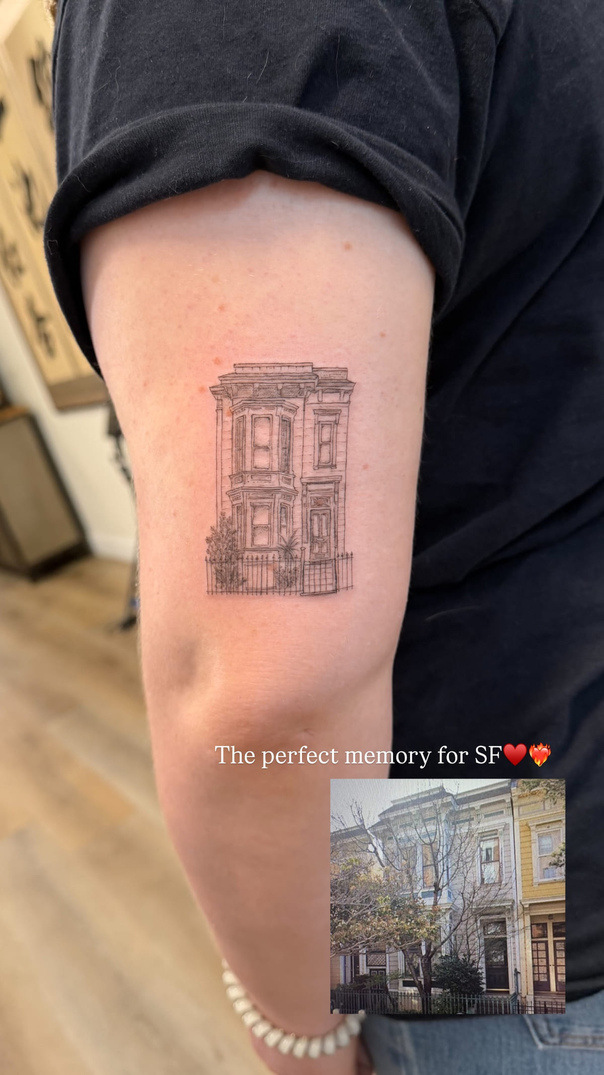 Victorian house facade from the client's own photo, fine line tattoo