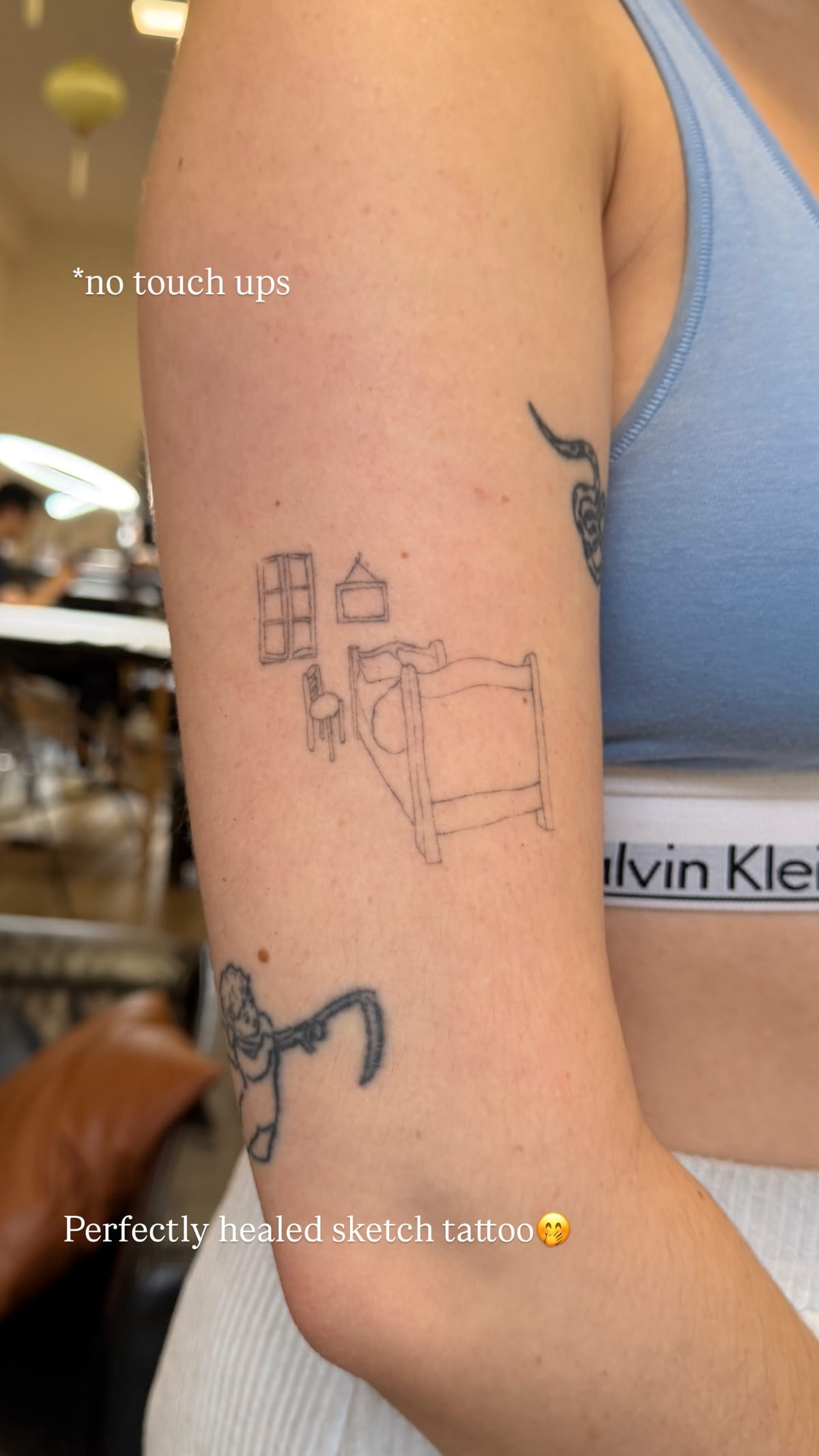 Small sketched bedroom scene, healed fine line tattoo, healed