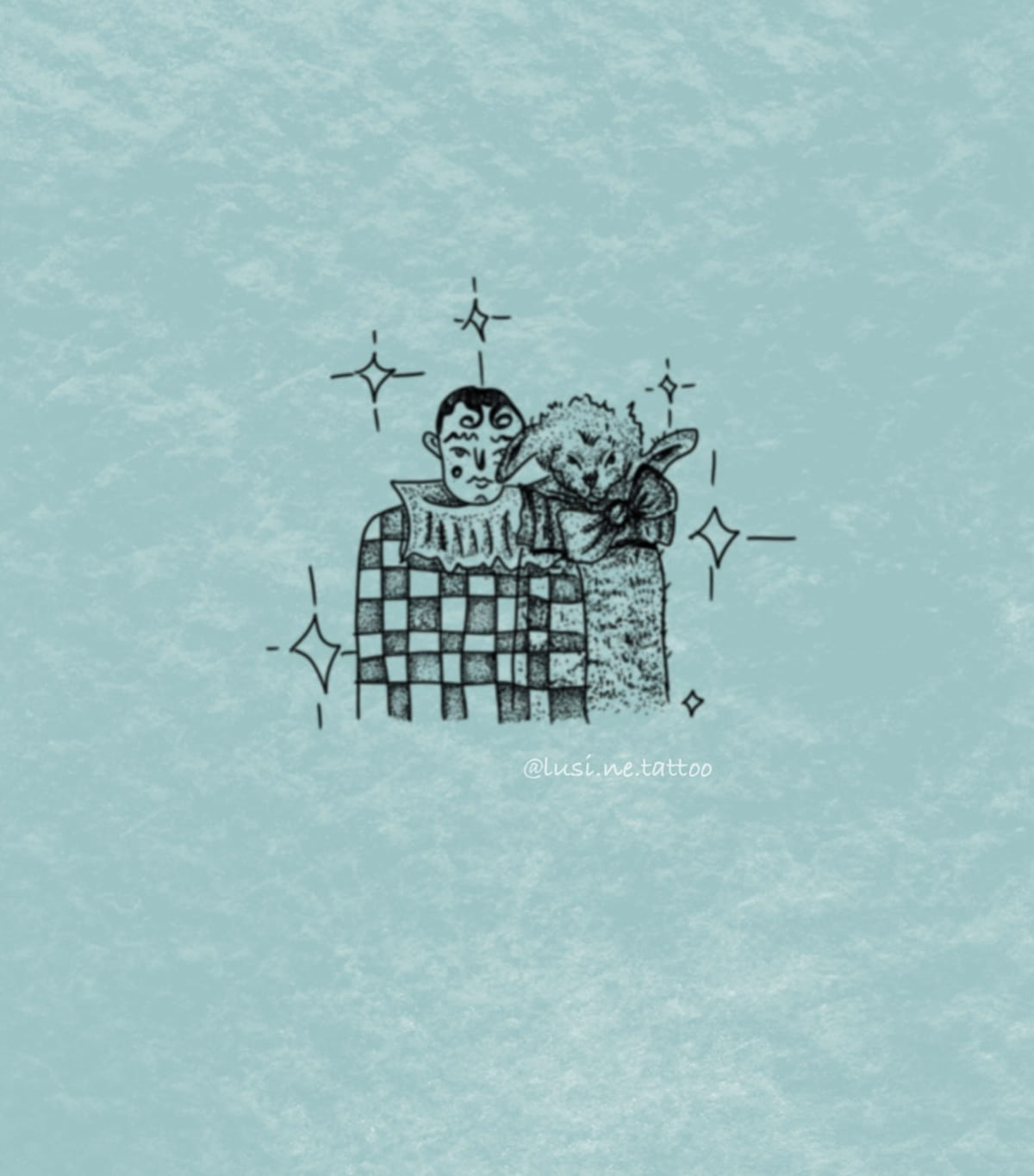 Boy and a dog in a checkered box among sparkles