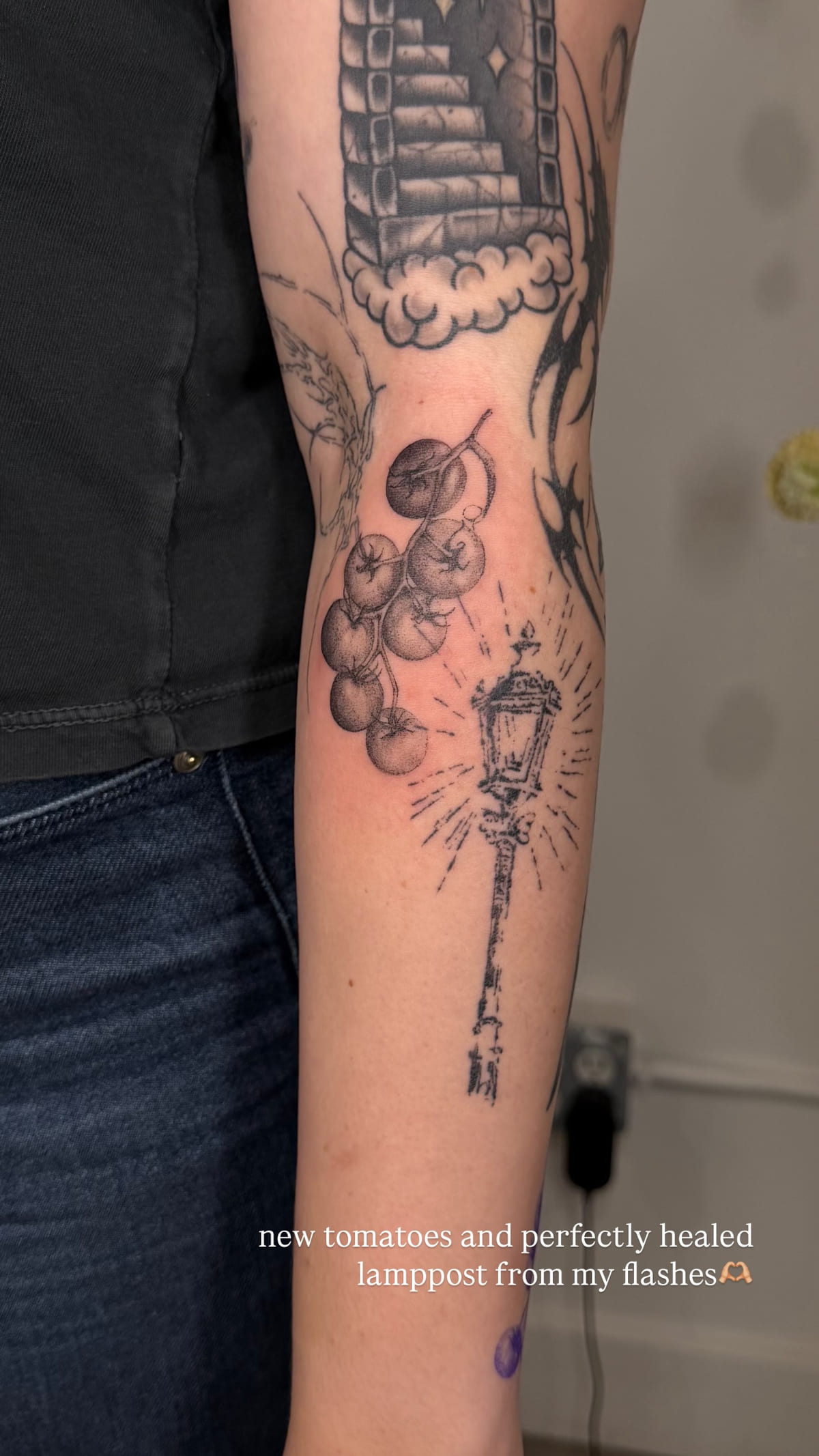 Cherry tomatoes on the vine, healed fine line tattoo, the day it was made