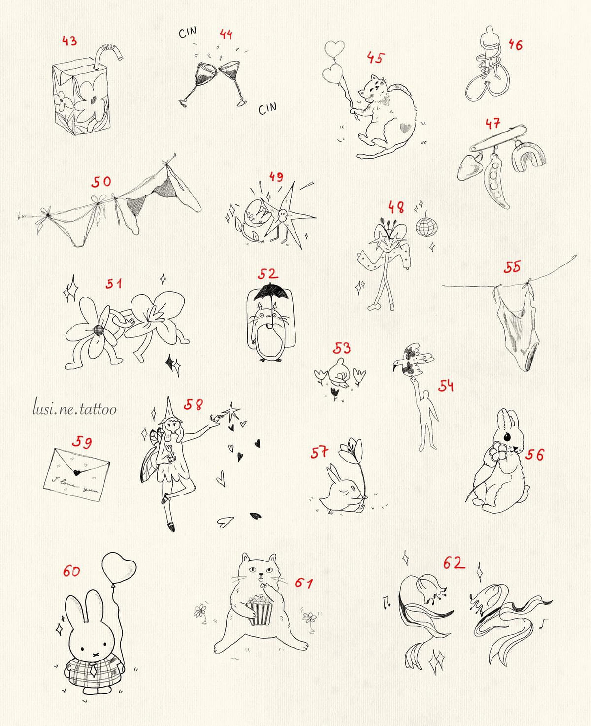 Party flash sheet numbered 43 to 62