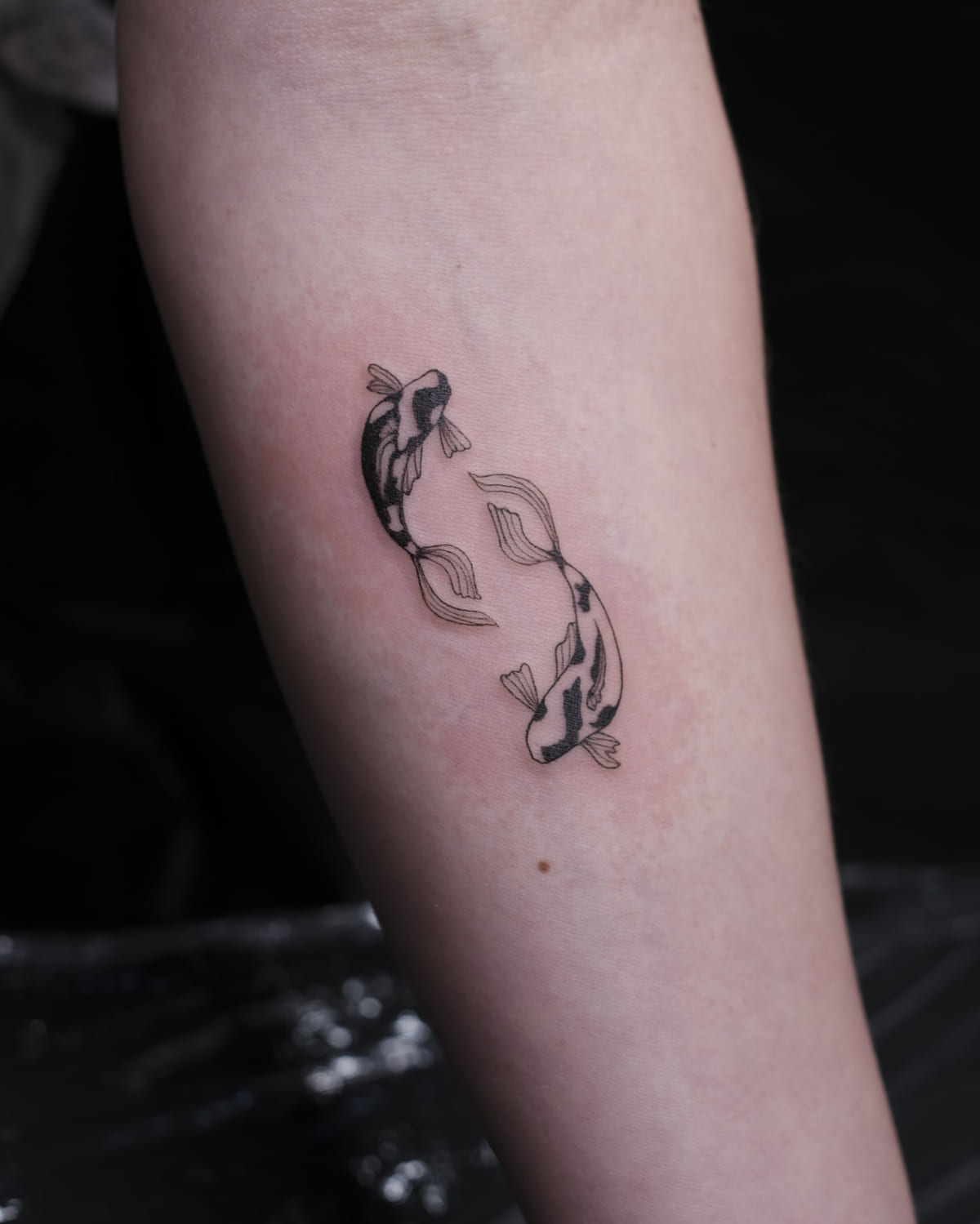 Two koi circling, fine line tattoo