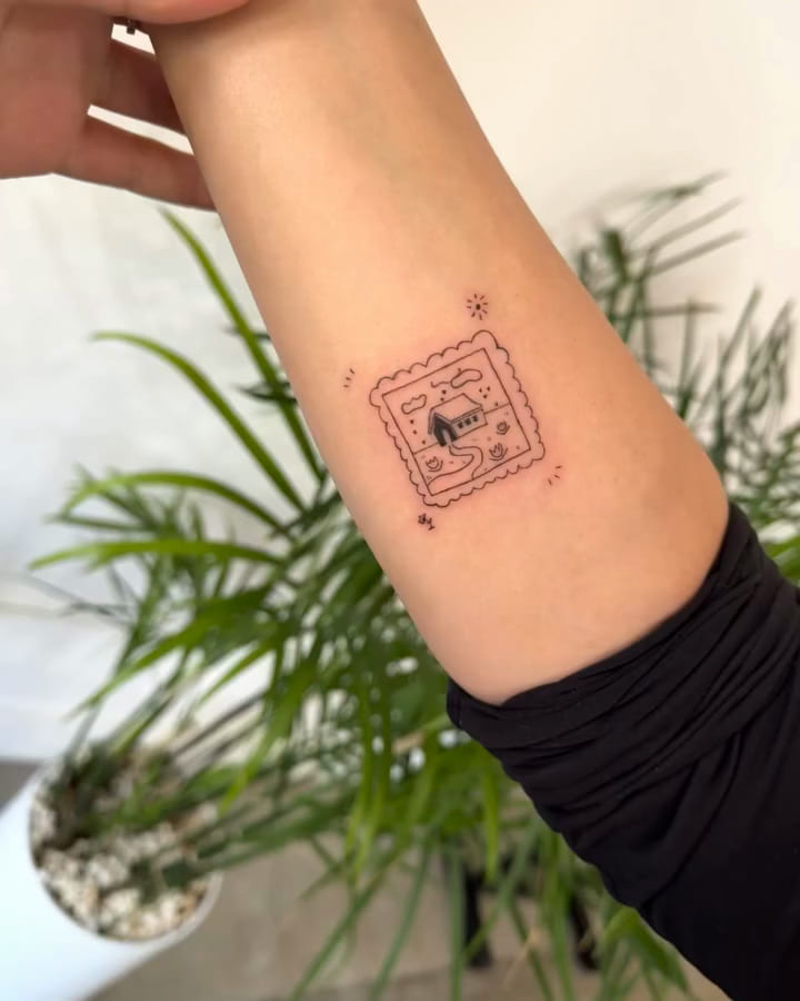 Postage stamp with a small house on a winding path, fine line tattoo