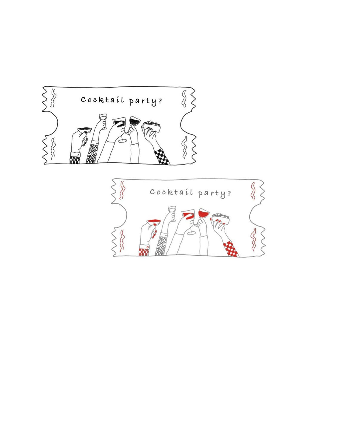 Cocktail party ticket with raised glasses, in black and with red