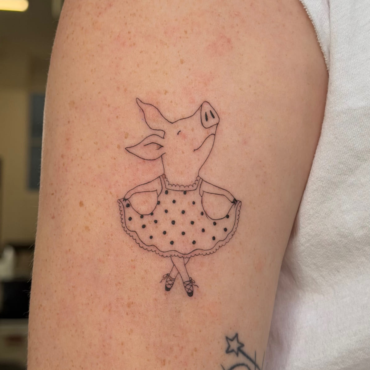 Pig in a polka dot dress, another view