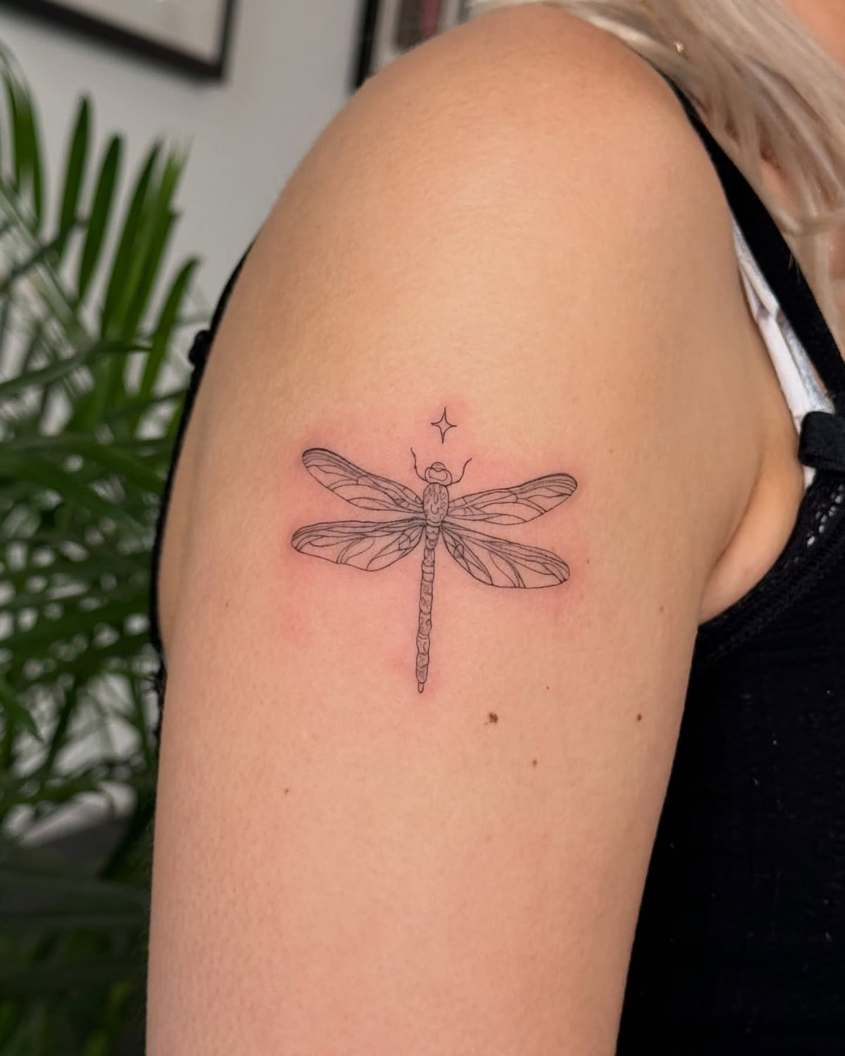 Dragonfly with a sparkle, fine line tattoo