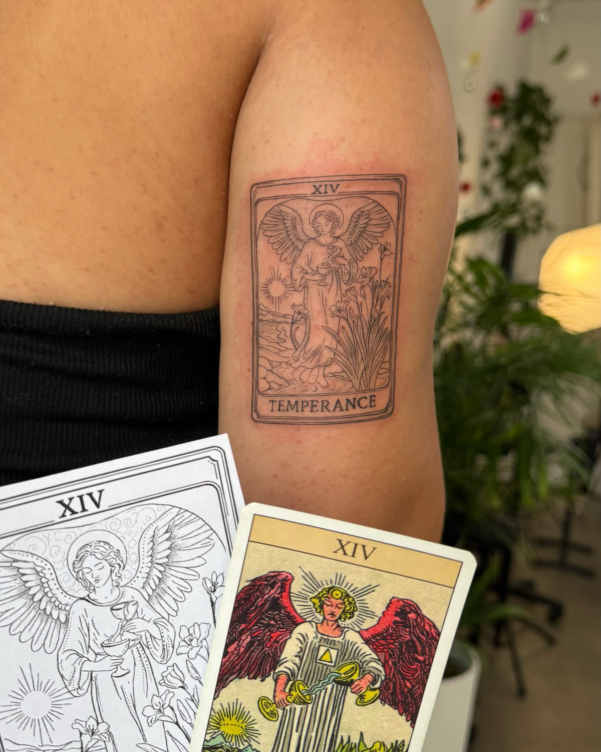 Temperance tarot card in fine line, fine line tattoo