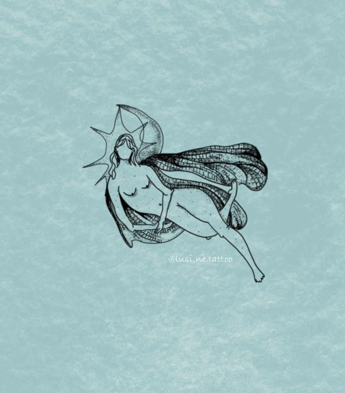 Moon goddess reclining on a crescent with a netted veil