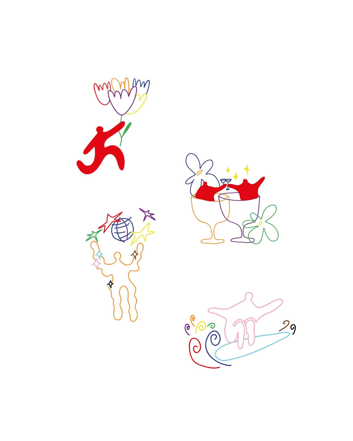 Four small color line designs: running figure with a flower, toast, figure holding the globe, reclining figures