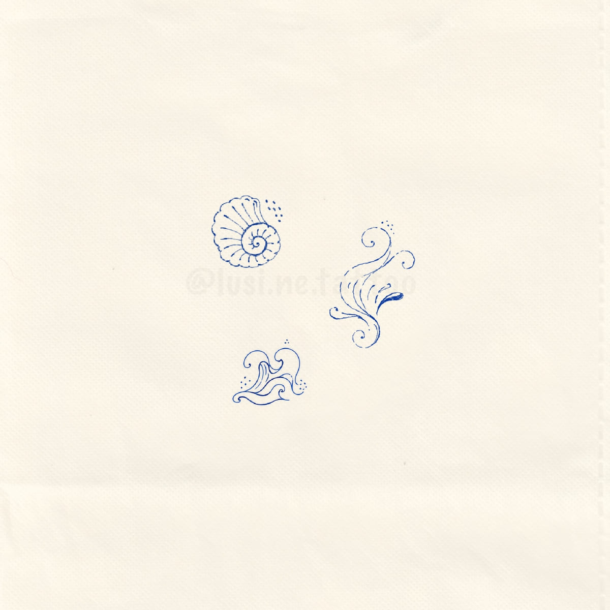 Three blue designs: nautilus shell, wind swirl, wave