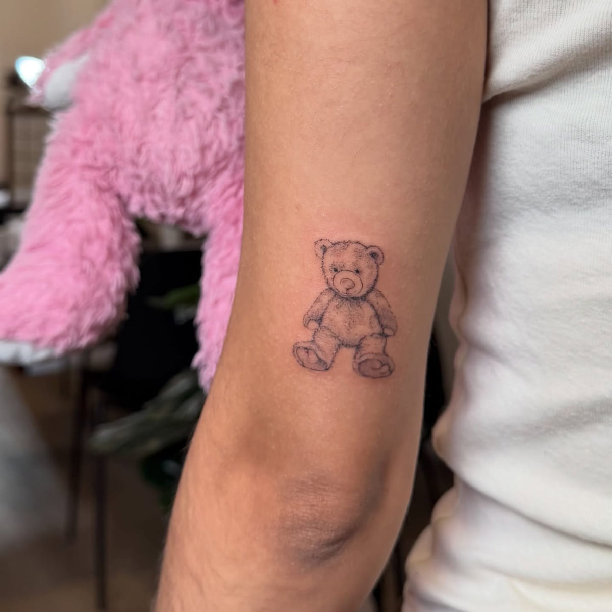 Teddy bear, shaded, fine line tattoo