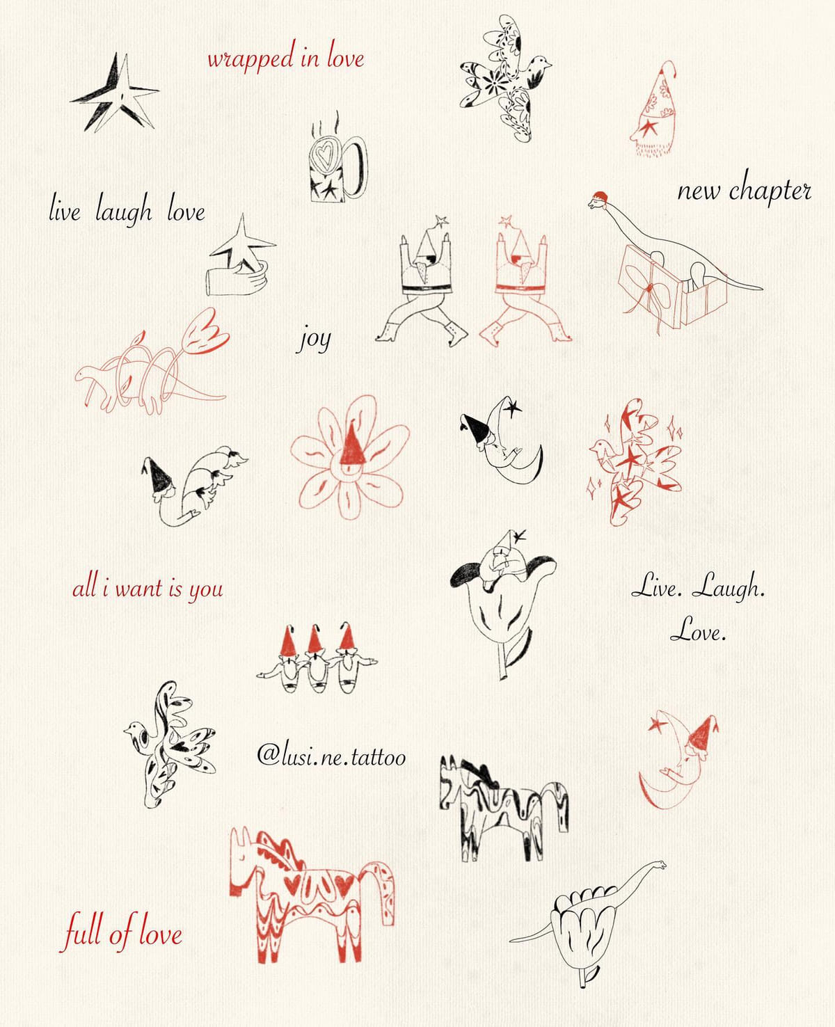 Christmas flash sheet one: stars, mugs, gnomes, candles, dala horse, dinosaur with a gift, lettering lines