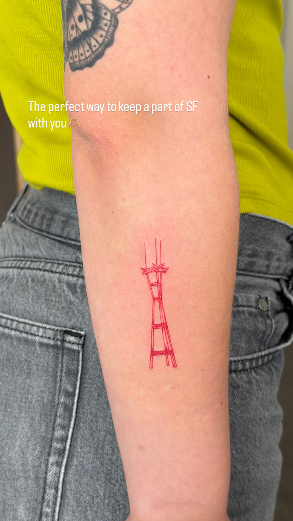 Sutro Tower in red line, fine line tattoo