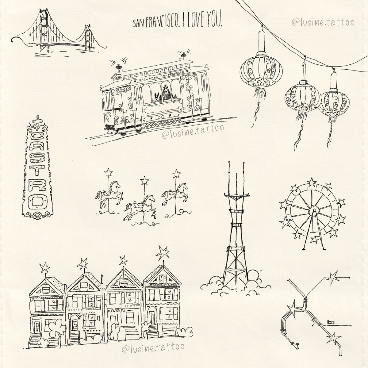 San Francisco flash sheet: the Golden Gate Bridge, a cable car with a bear and a bunny aboard, Chinatown lanterns, the Castro sign, carousel horses, Sutro Tower in the clouds, a Ferris wheel with stars, the Painted Ladies and Lombard Street