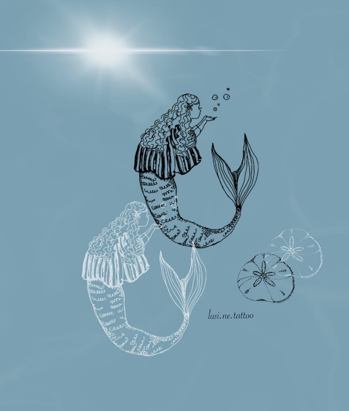Mermaid blowing bubbles, shown in black and in white
