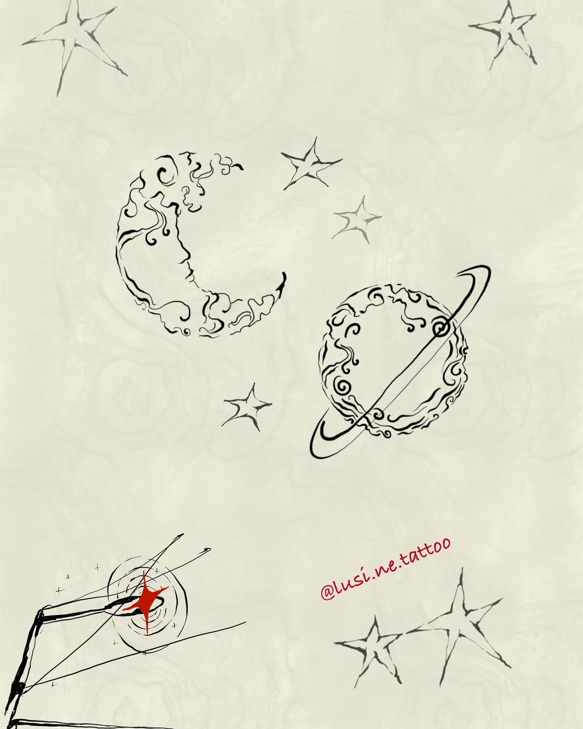 Celestial designs: ornate crescent, ringed planet, stars, a window corner with a red star