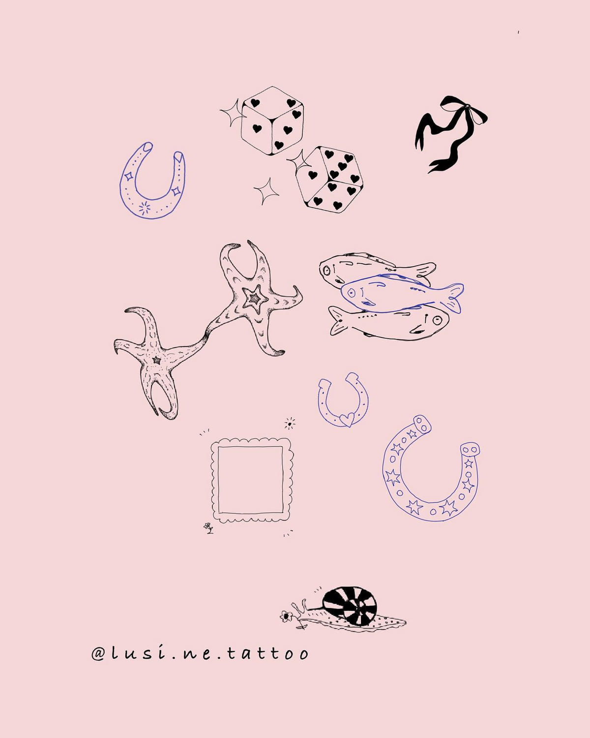 Horseshoes, dice with hearts, bow, fish, starfish, empty stamp, snail