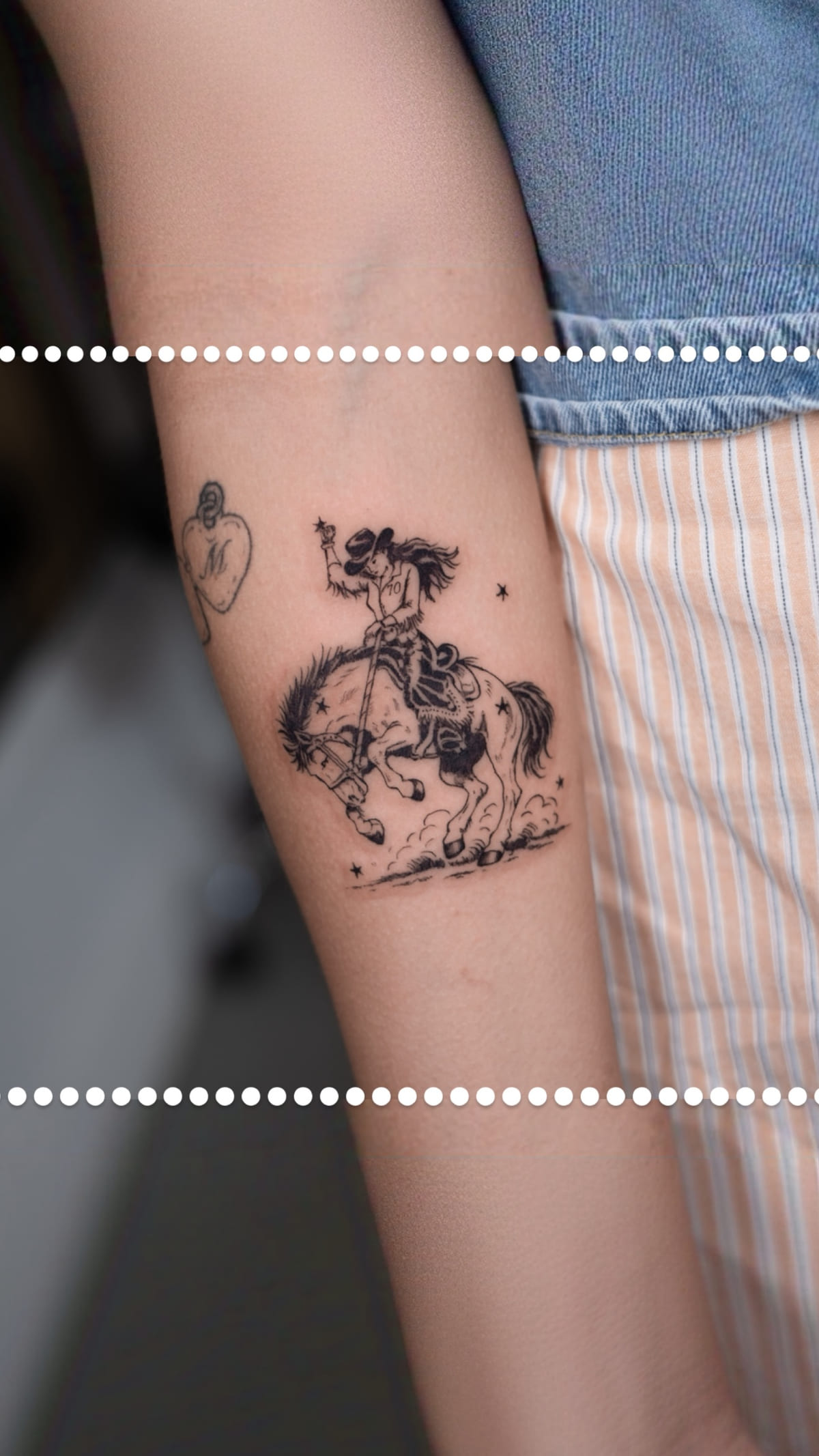 Cowgirl on a rearing horse, healed fine line tattoo, the day it was made