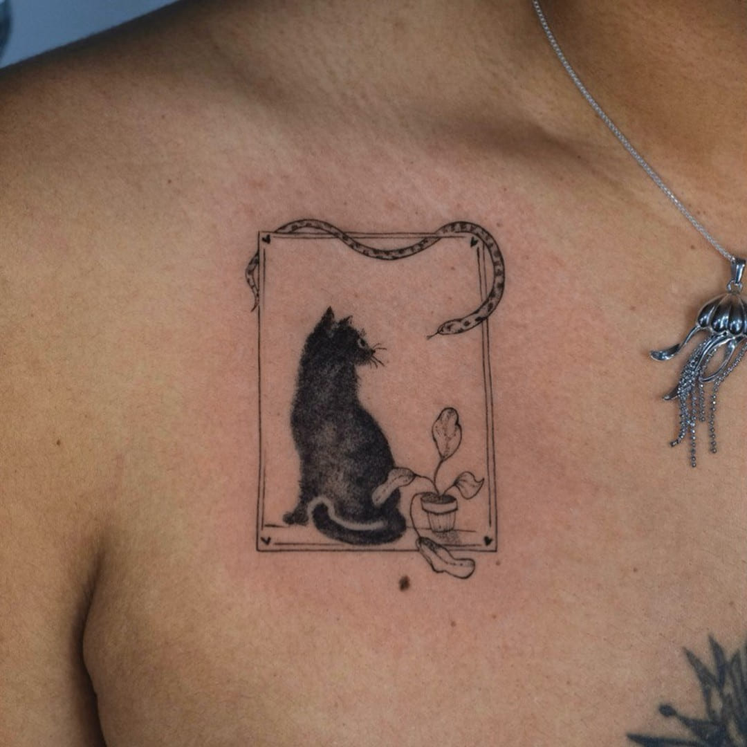Black cat in a window frame with a snake and a plant, fine line tattoo