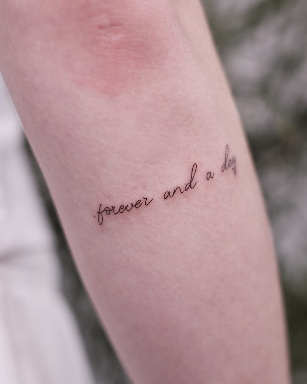 Script lettering: forever and a day, fine line tattoo