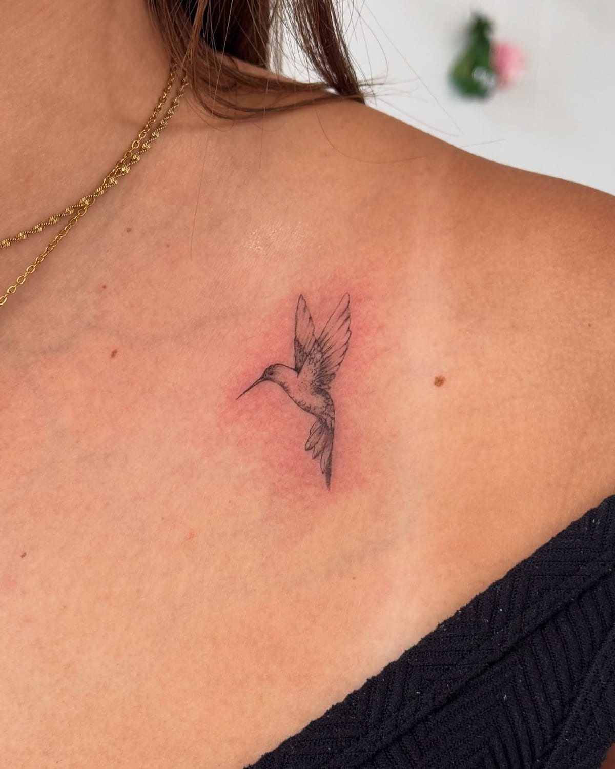 Tiny hummingbird, fine line tattoo