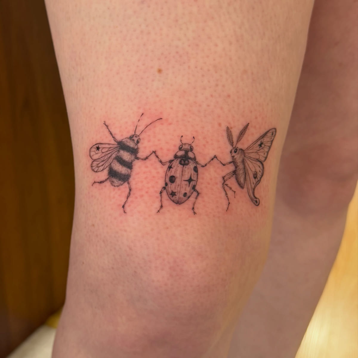 Bee, ladybug and moth holding hands, fine line tattoo