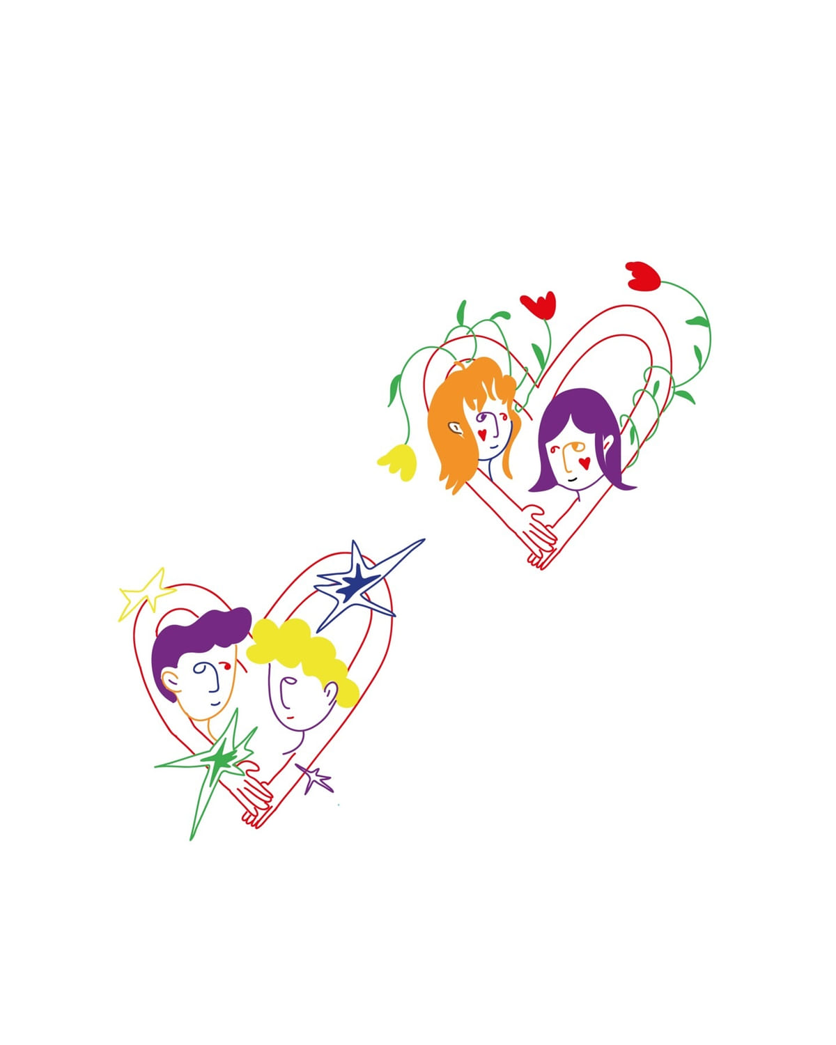 Two couples inside hearts, in color line