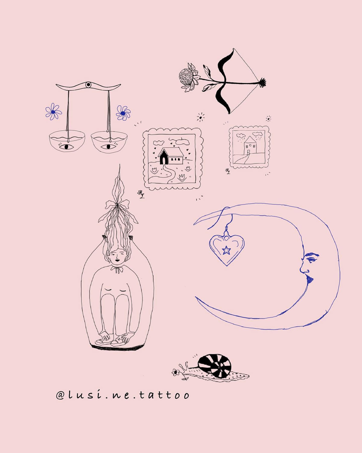 Scales, rose arrow, stamps, girl under a bell jar, moon with a locket, snail