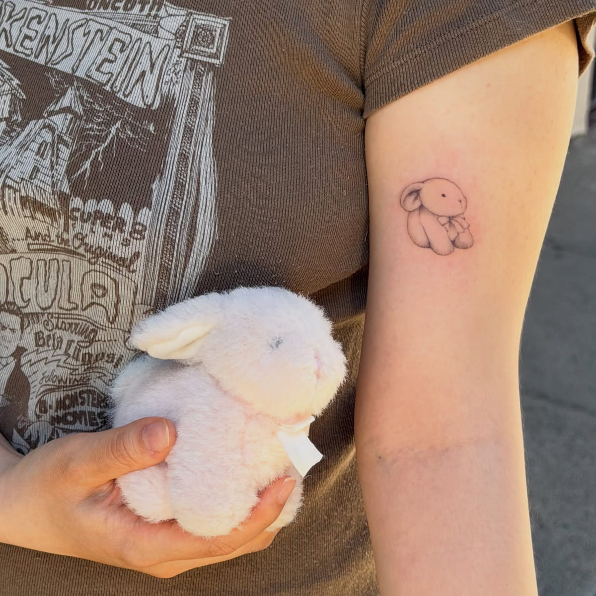 Plush bunny, fine line tattoo