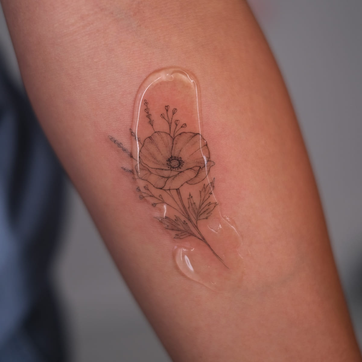 Poppy bouquet, fine line tattoo