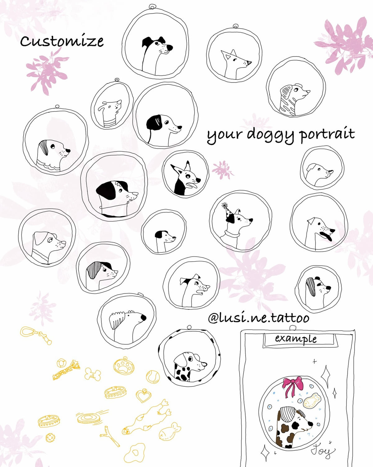 Customize your doggy portrait: about twenty dog heads in round frames plus charms to add, with an example