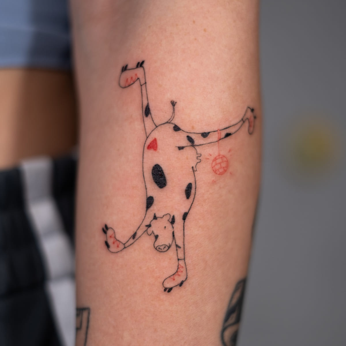 Cow doing a handstand, red hearts on its hide, fine line tattoo