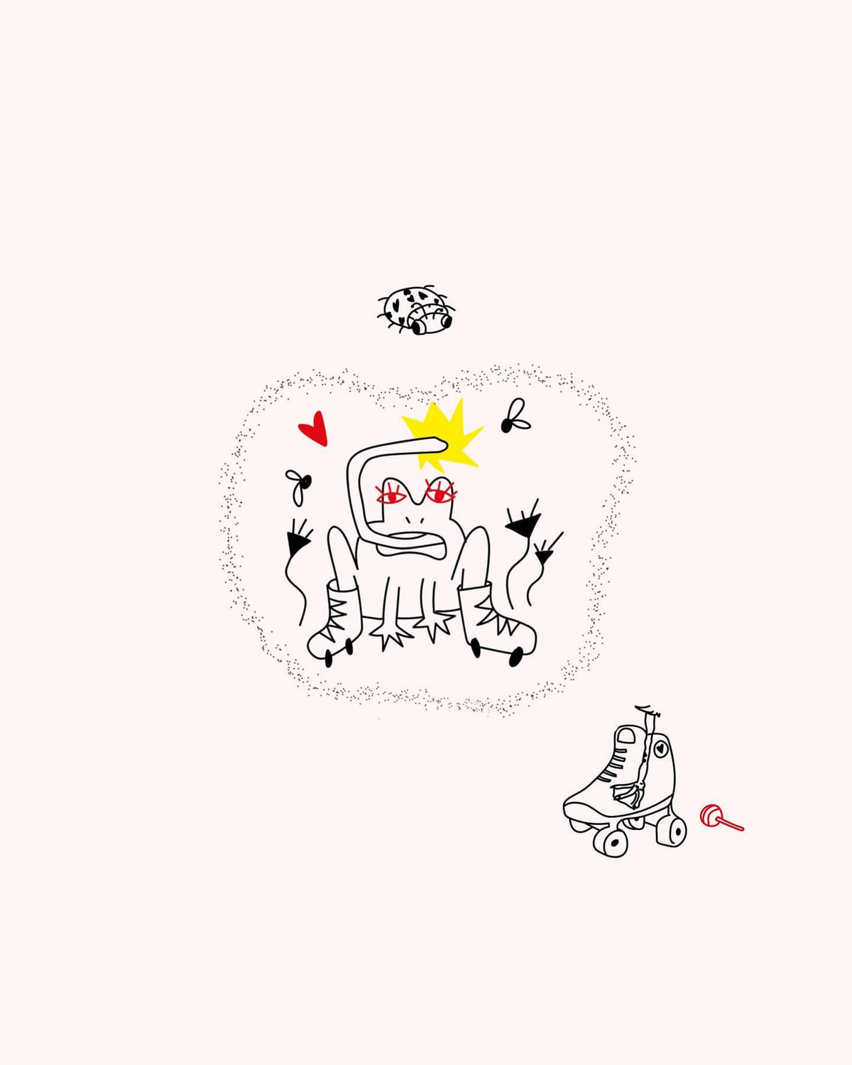 Frog with flies, a ladybug and a roller skate