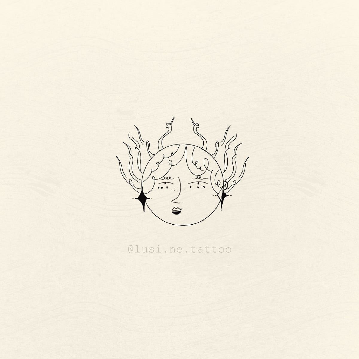 Round face with flame hair and two sparkles