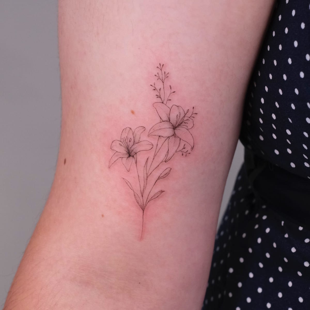 Lily bouquet, fine line tattoo