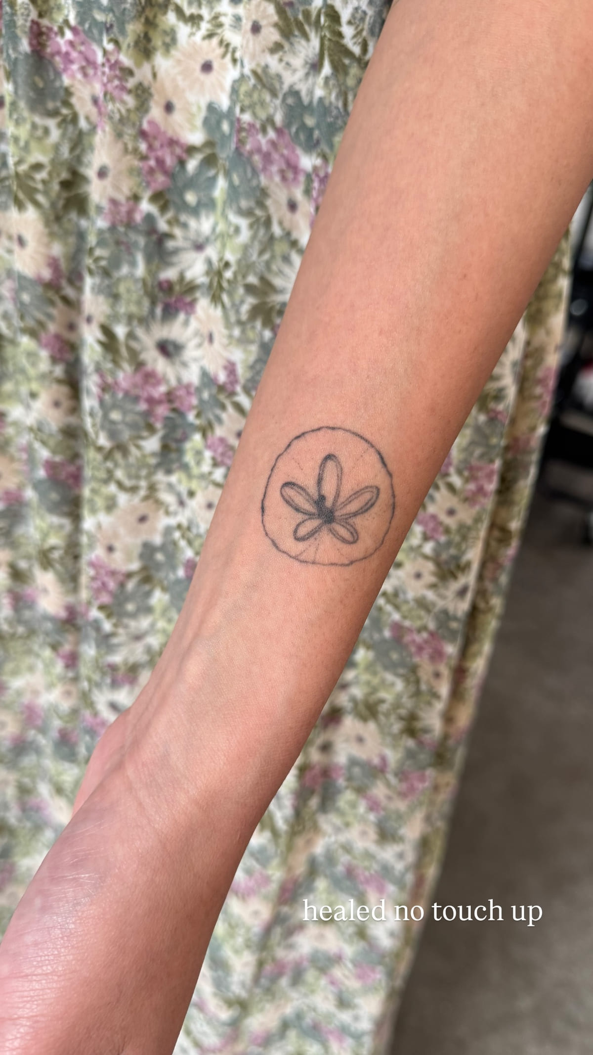 Flower inside a circle on a forearm, healed fine line tattoo