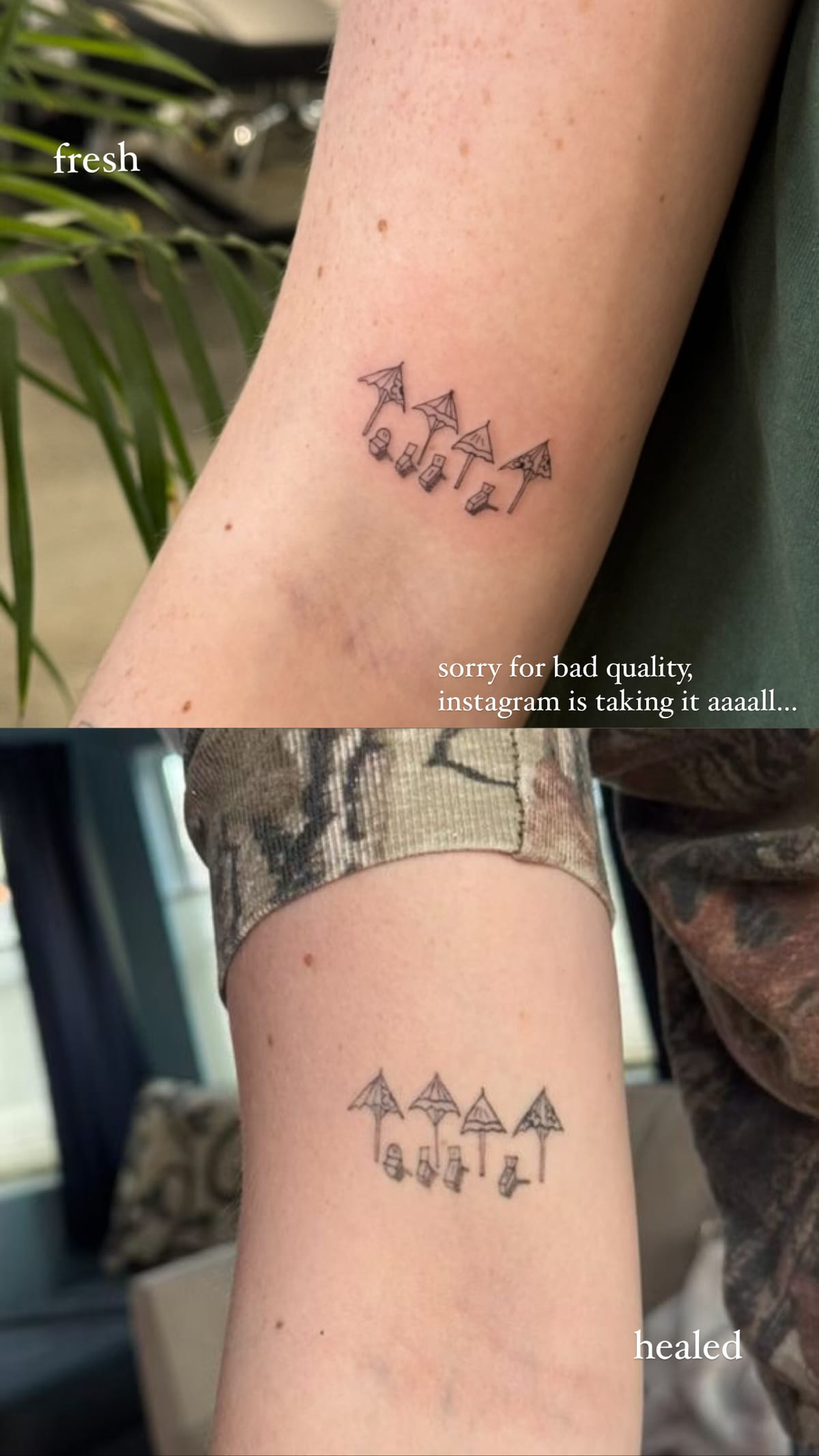 Small row of arrow shapes, fresh and healed, healed fine line tattoo