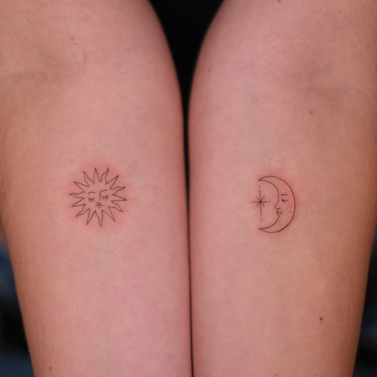 Sun on one arm, crescent moon on the other, fine line tattoo