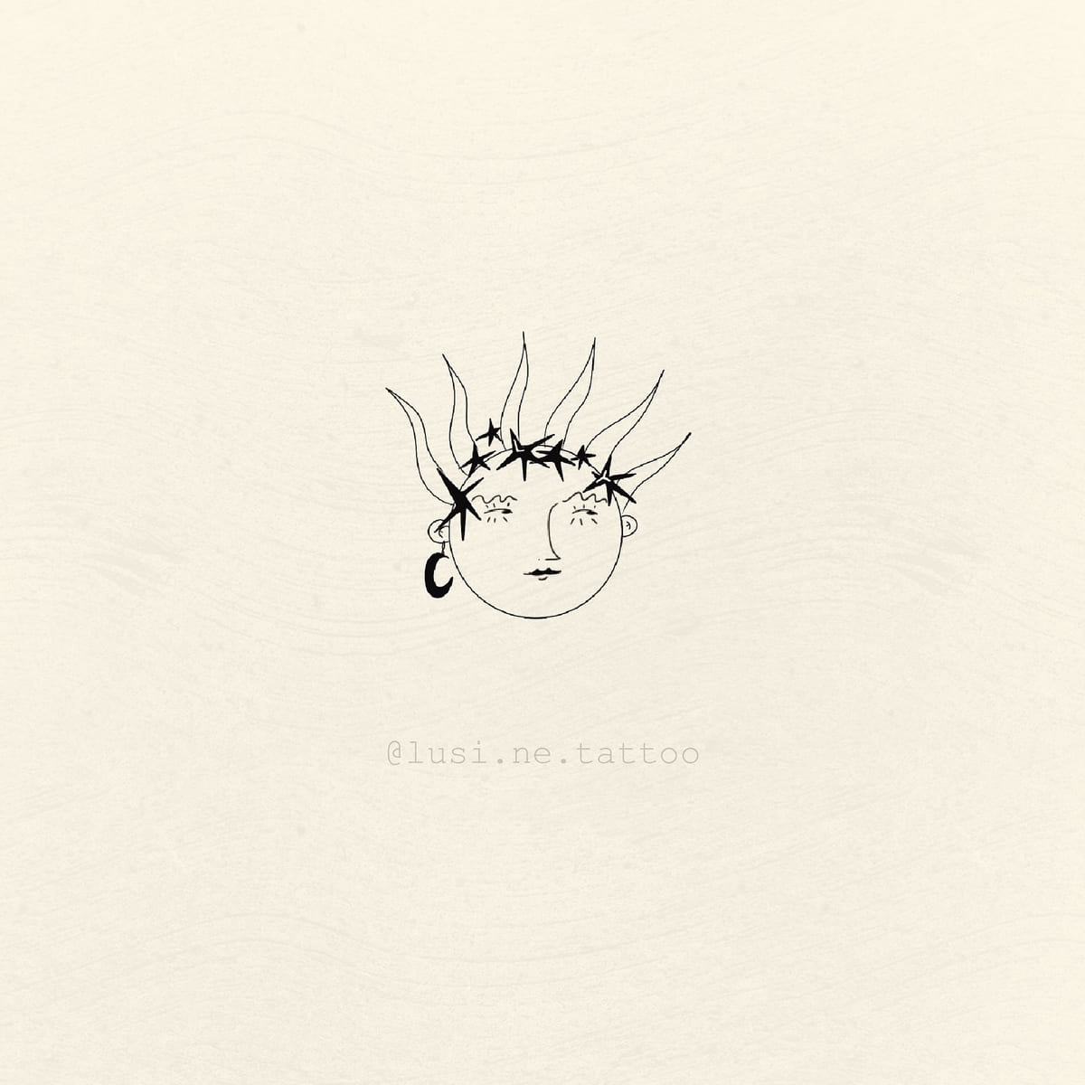 Face crowned with flames and stars