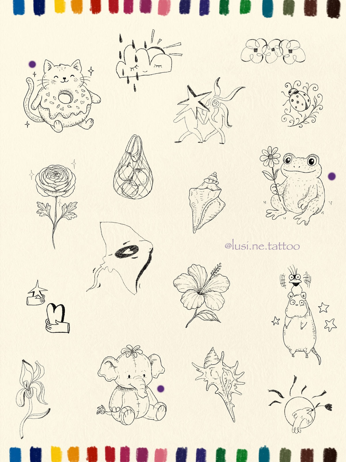 Second swatch bordered sheet: donut cat, cloud, ladybug, rose, net bag, shell, frog with a flower, stingray, hibiscus, elephant toy, iris