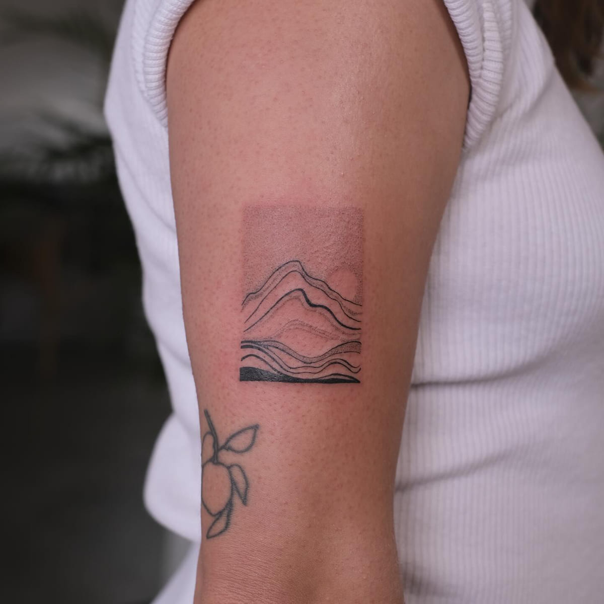 Mountain landscape in lines inside a stippled rectangle, another view