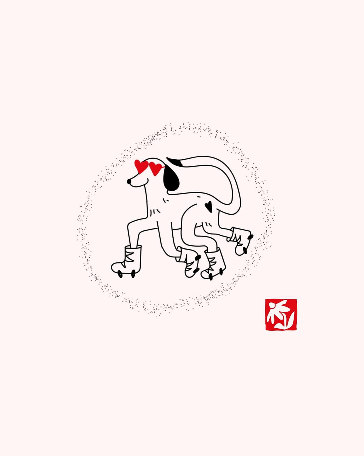 Dog on roller skates with heart glasses