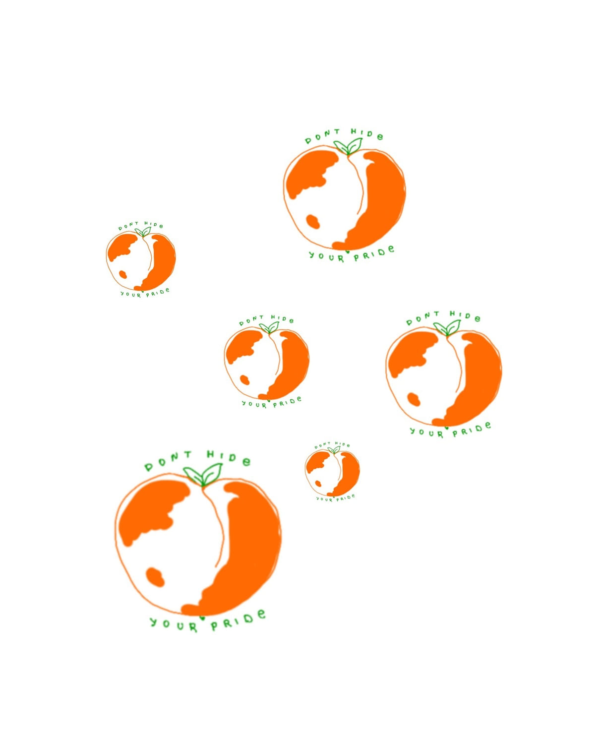 Peaches in orange with the words don't hide your pride, five sizes